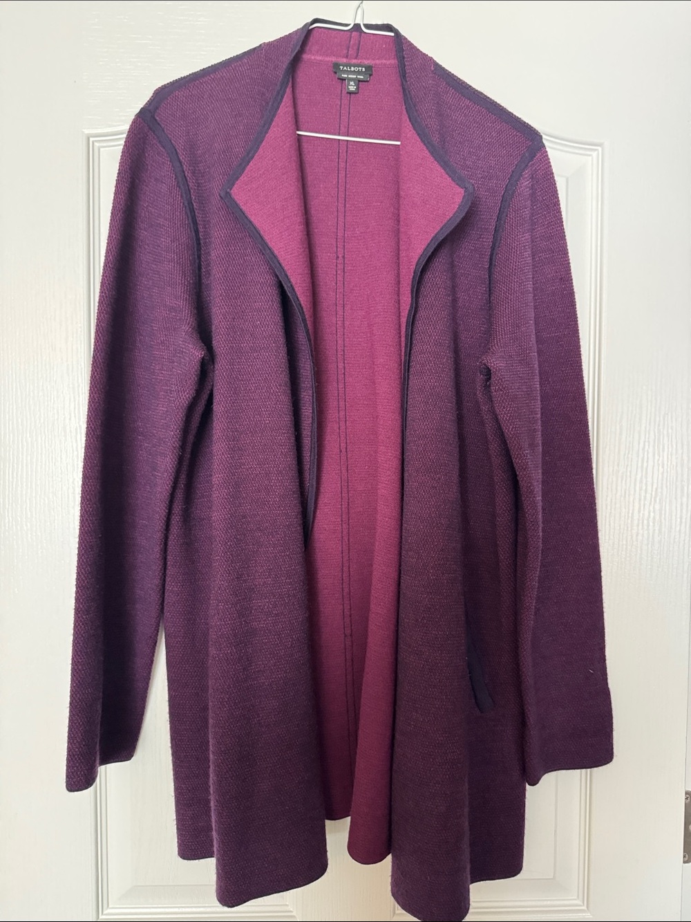 Talbots Pure Merino Wool Two-Tone Plum Open-Front Long Cardigan Size XL